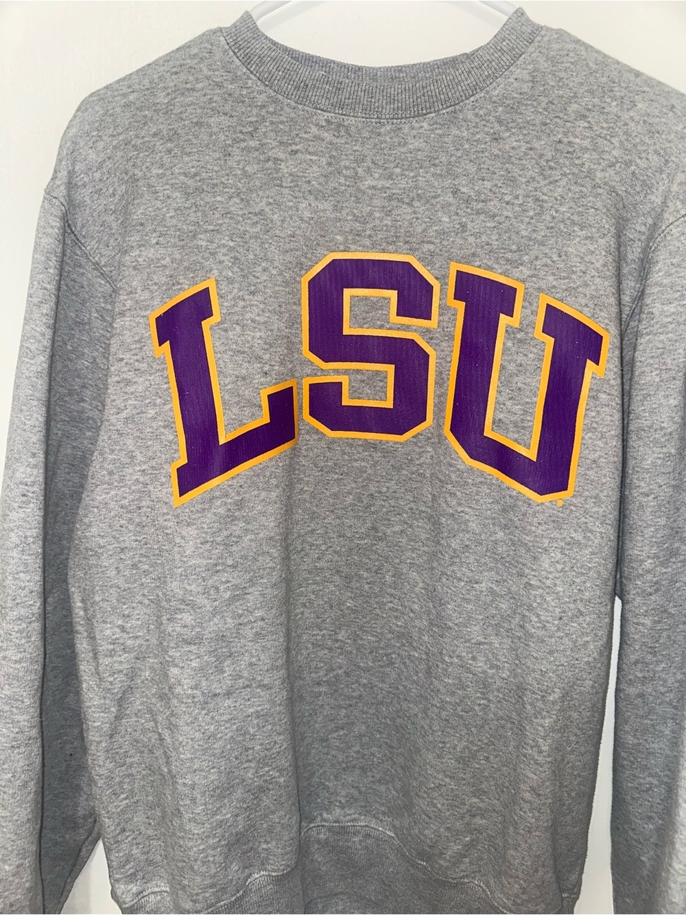 LSU Grey Crewneck Sweatshirt with Purple & Gold Collegiate Lettering